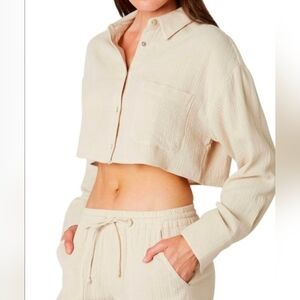NIA Austin Guaze Textured Cropped 100% Cotton Button Down Blouse Size Medium